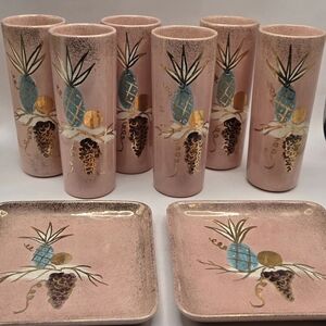 Vintage Bonita California Pottery Tumbler Set Pink MCM Gold Pineapple